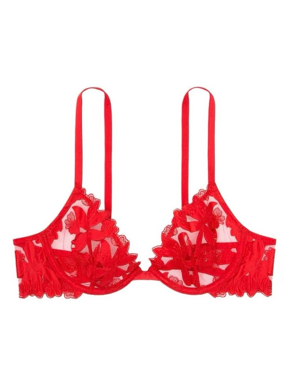 Victoriaโs Secret Luxe Lingerie Unlined Floral Embroidered Demi Bra Red 34DD 34E